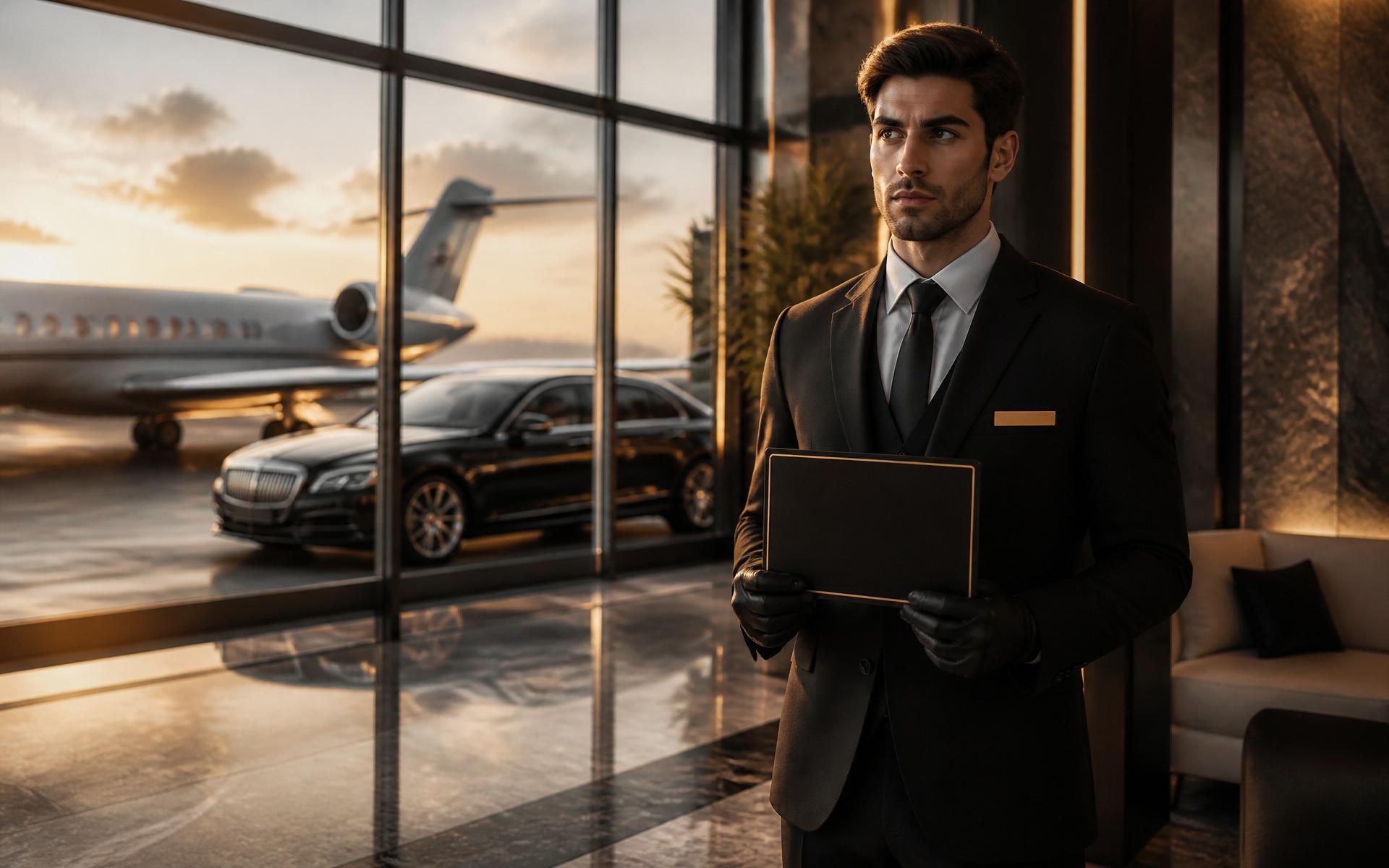 Luxury airport greeter with private jet and chauffeur car
