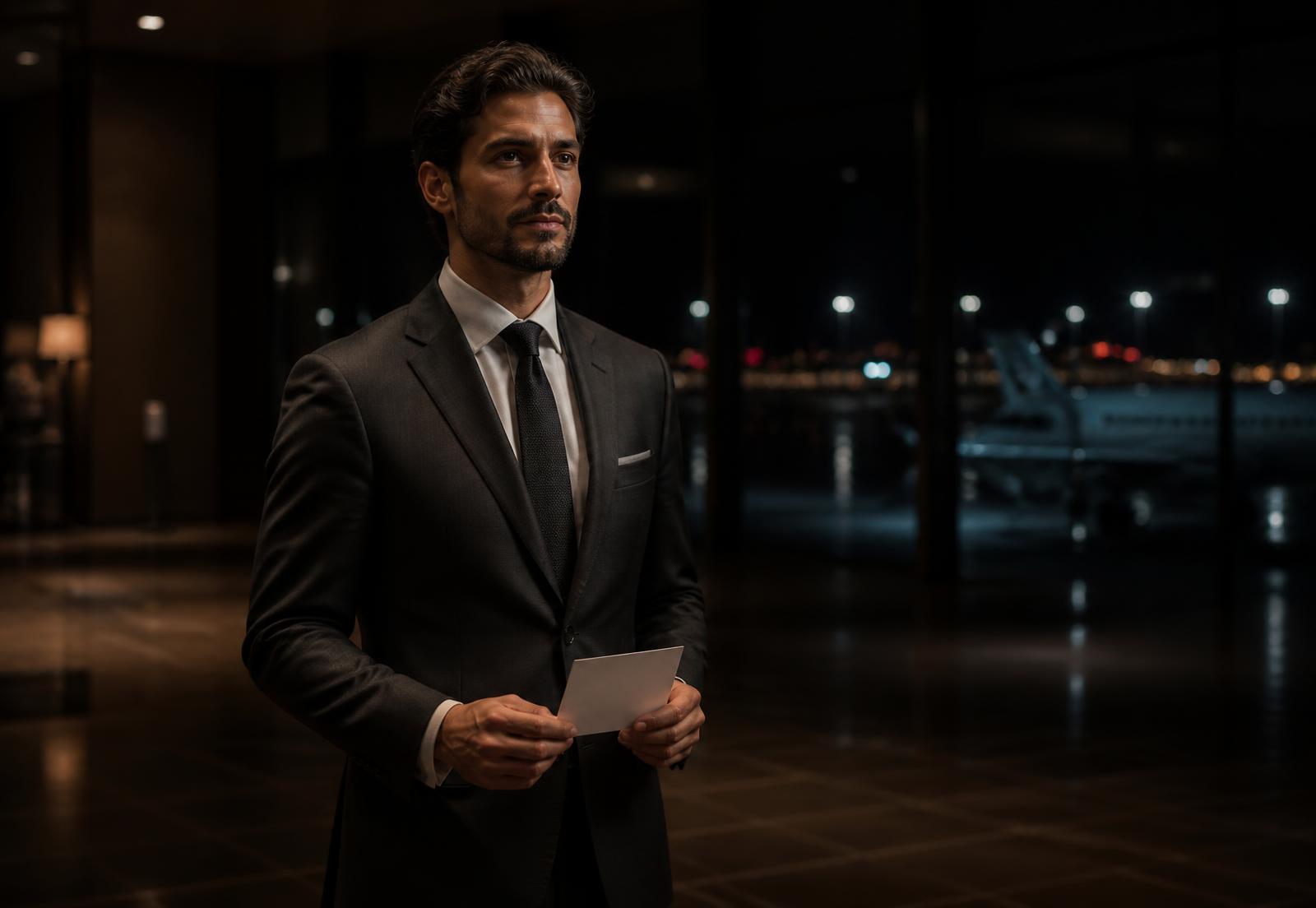 Chauffeur waiting beside an executive car at an airport terminal at night